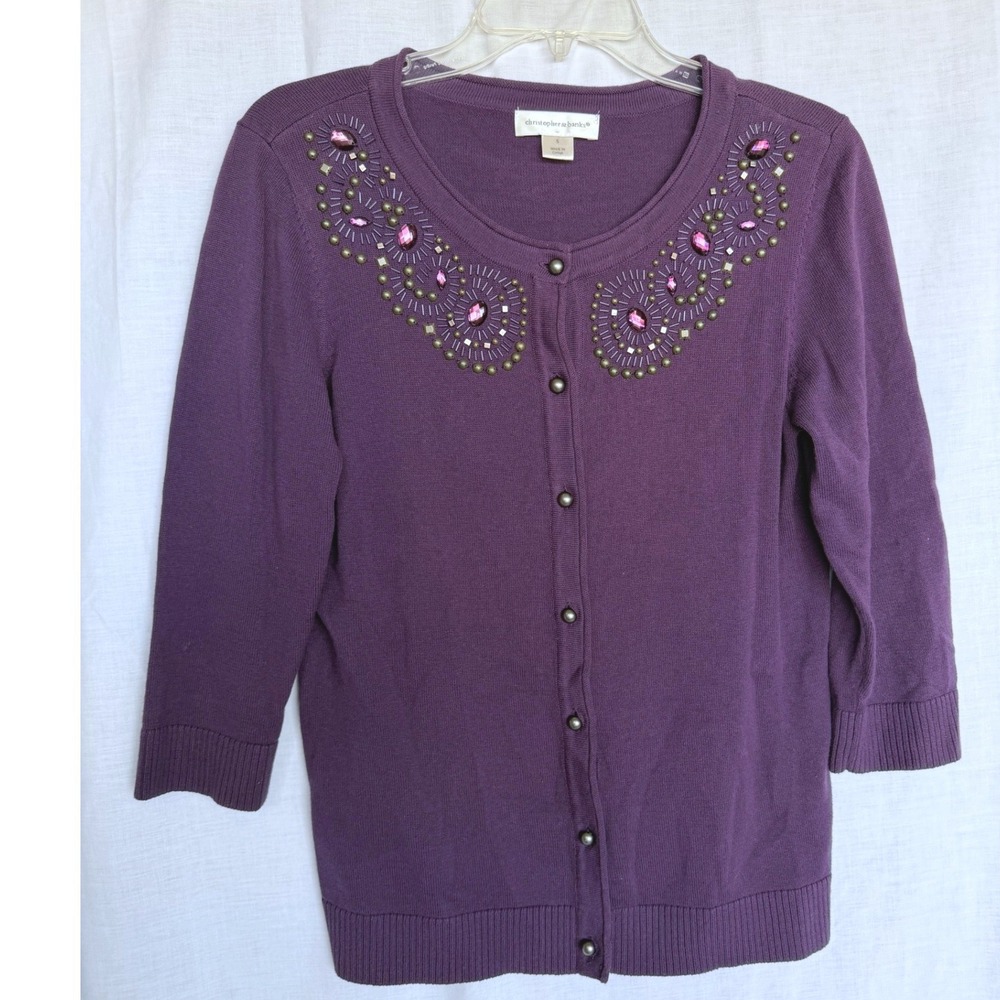 100% Cotton Cardigan Royal Purple Grandma Cottagecore Christopher & Banks Small